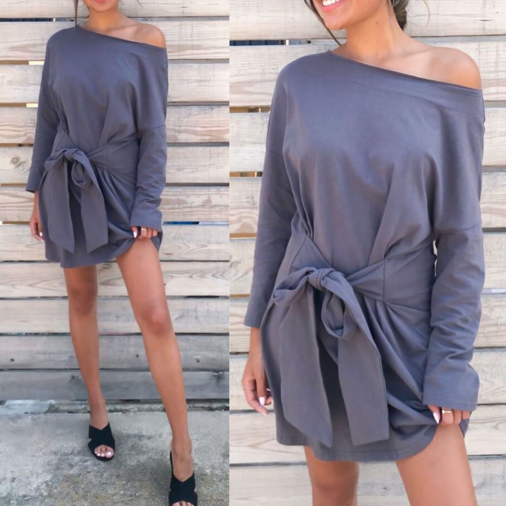 010 Solid one shoulder charcoal belted Long sleeve dress - Picture 2 of 3
